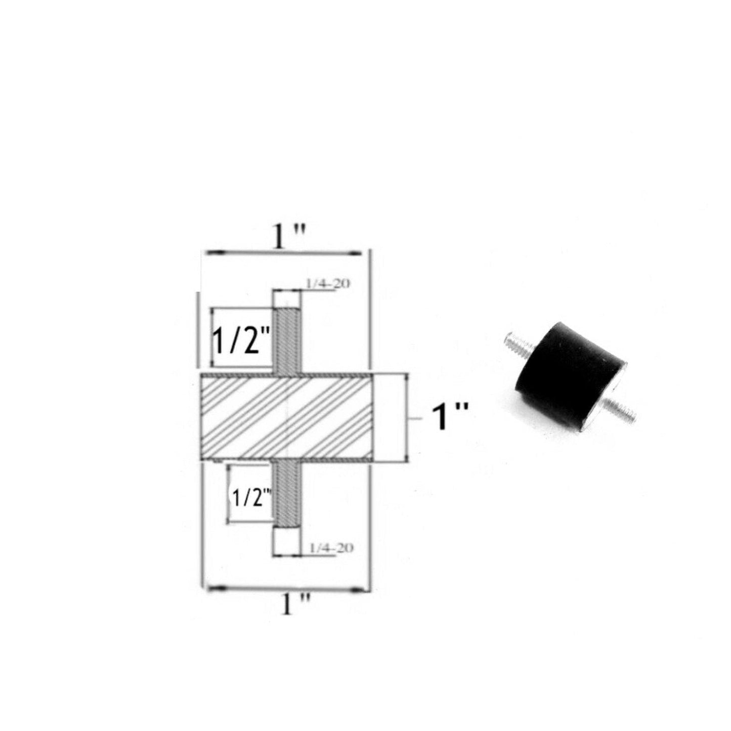 Rubber Vibration Isolator Mount (1" Dia x 1" Thk) 1/4-20 x 1/2" Long Stud Elginscrewsandbolts